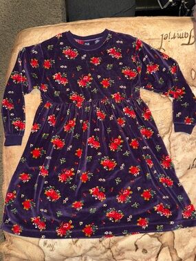 🖤VINTAGE GAP GIRLS PURPLE VELOUR FLORAL L/S DRESS SIZE M🖤